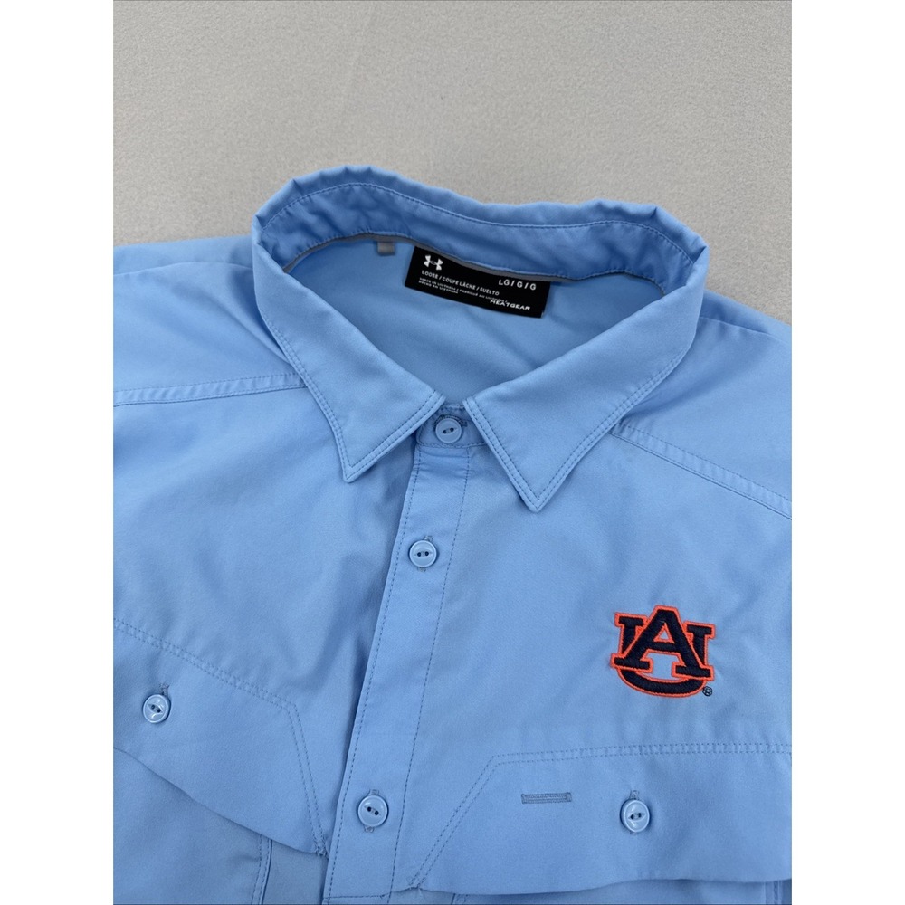 Under Armour Auburn Tigers Short Sleeve Vented Fishing Shirt Men's L Blue Pocket